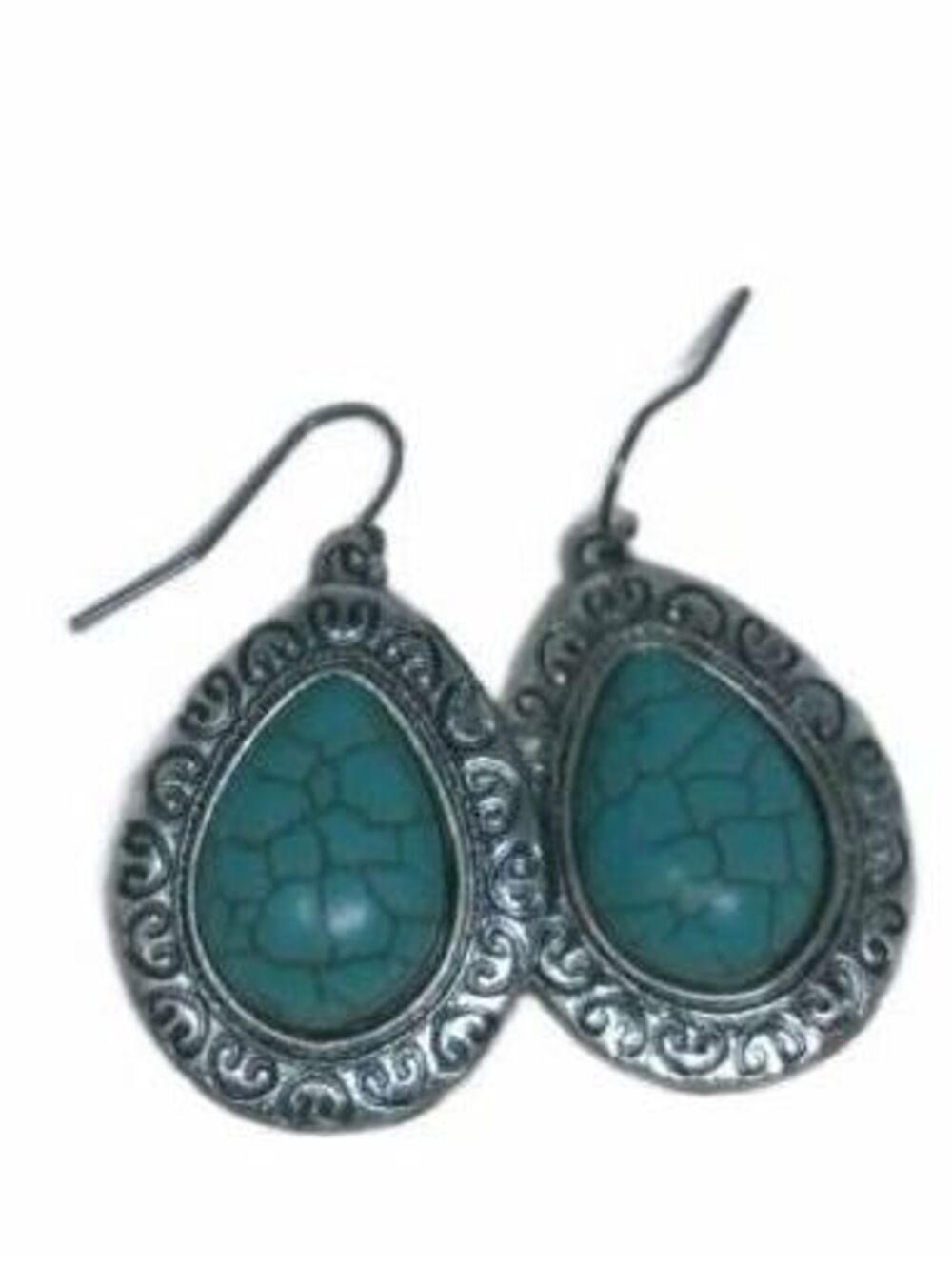 Vintage Silver Filgiree Teardrop Earrings, Faux Turquoise Matrix Boho Dangle